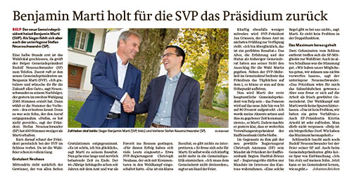 Benjamin Marti holt für die SVP das Präsidium zurück